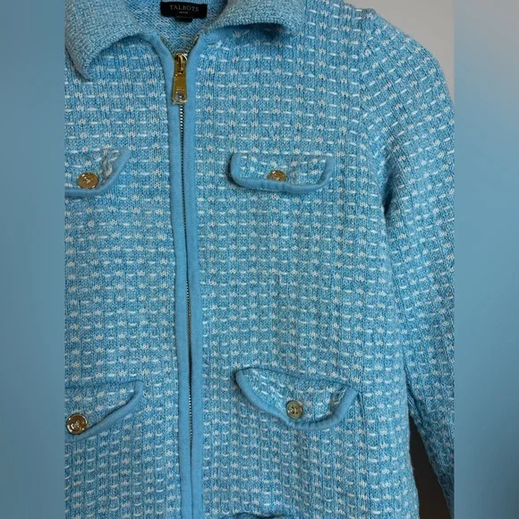 Women’s Talbots collared zip cardigan jacket light blue&white tweed size SP - Picture 5 of 10